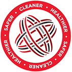 Logo with text that reads Cleaner Healthier Safer