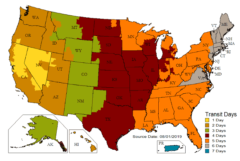 Map that shows number of days United Parcel Service will take to deliver package by state